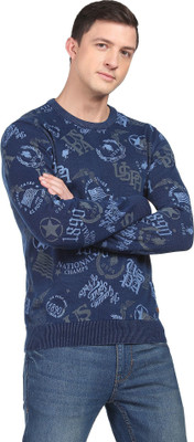 U.S. POLO ASSN. Printed Round Neck Casual Men Blue Sweater
