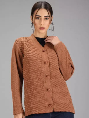 manra Self Design V Neck Casual Women Brown Sweater