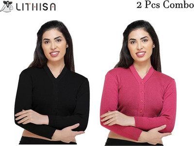 LITHISA Solid V Neck Casual Women Black, Pink Sweater