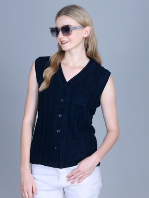 7 ISLANDS Self Design V Neck Casual Women Dark Blue Sweater