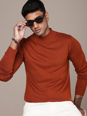 Roadster Self Design High Neck Casual Men Brown Sweater