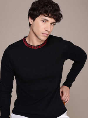 French Connection Solid Round Neck Casual Men Black Sweater