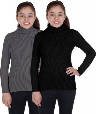100LUCK Self Design High Neck Casual Boys & Girls Black, Grey Sweater
