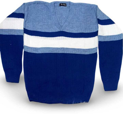 DISHAURA Striped V Neck Casual Men Blue Sweater