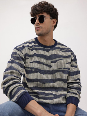 Roadster Printed Round Neck Casual Men Blue Sweater