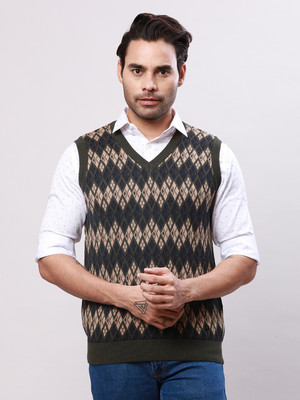 Raymond Solid V Neck Casual Men Dark Green Sweater