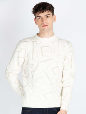 Status Quo Self Design Round Neck Casual Men White Sweater