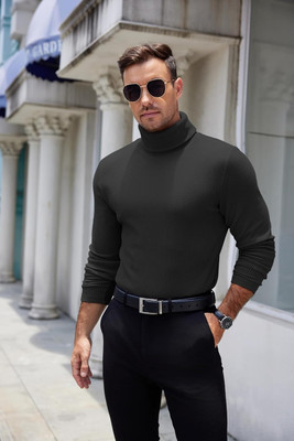 ZeenatFashion Striped High Neck Casual Men Black Sweater