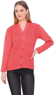 Ozarro Self Design V Neck Casual Women Pink Sweater