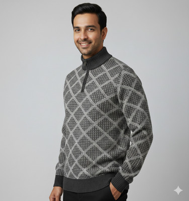 WoolCraft Printed High Neck Casual Men Grey Sweater