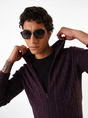 Dennis Lingo Self Design Hooded Neck Casual Men Purple Sweater