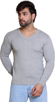 Reveller Solid V Neck Casual Men Grey Sweater