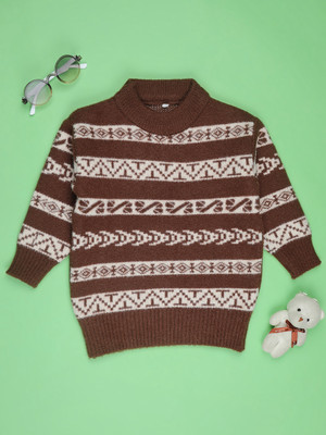 V-MART Self Design Round Neck Casual Boys Brown Sweater