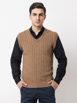 VENATORIA Self Design V Neck Formal Men Brown Sweater