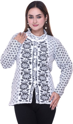 FASHSTORE Self Design Mandarin Neck Casual Women White Sweater