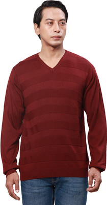 PARK AVENUE Solid V Neck Casual Men Red Sweater