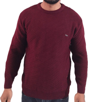 Trendy Threads Self Design Crew Neck Casual Men Maroon Sweater