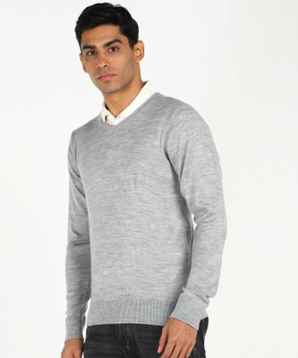 manra Solid V Neck Casual Men Grey Sweater