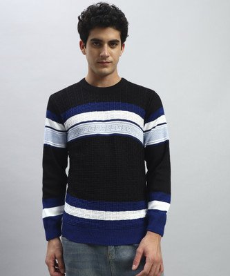 TWOCRAZIIE Striped Round Neck Casual Men Black Sweater
