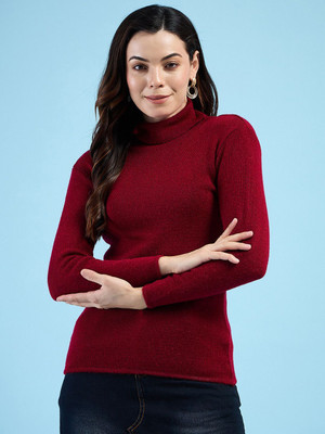 Gulika Solid High Neck Casual Women Maroon Sweater