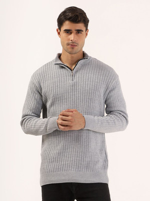 kveto Self Design High Neck Casual Men Grey Sweater