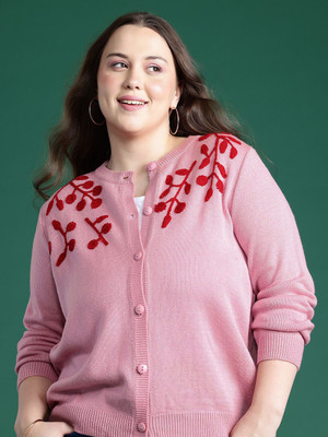 DressBerry Curve Embroidered Mandarin Neck Casual Women Pink Sweater