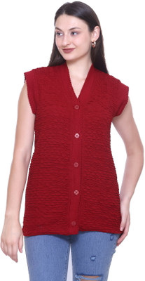 ENOV Self Design V Neck Casual Women Maroon Sweater