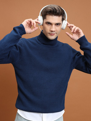 HIGHLANDER Solid Turtle Neck Casual Men Blue Sweater