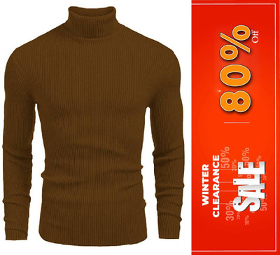 Cat Bunny Self Design High Neck Casual Men Brown Sweater