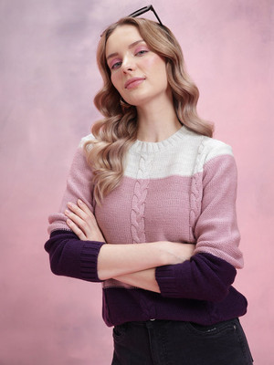Dressberry Colorblock Round Neck Casual Women White Sweater
