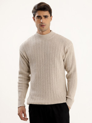 kveto Self Design Crew Neck Casual Men Beige Sweater