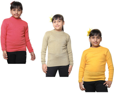 IndiWeaves Solid Round Neck Casual Girls Multicolor Sweater