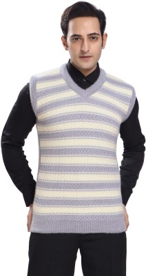 WOOLVALLEY Self Design V Neck Casual Men Grey, White Sweater