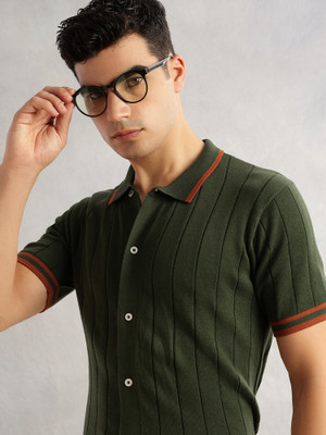 Thomas Scott Self Design Collared Neck Casual Men Dark Green Sweater