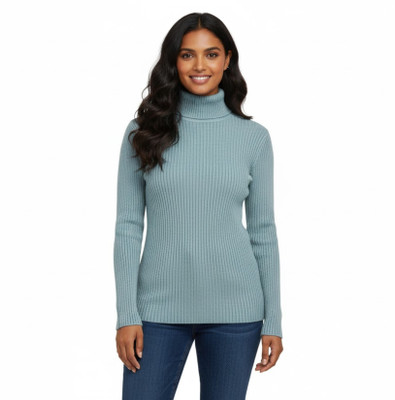 I Bar Solid High Neck Casual Women Light Blue Sweater