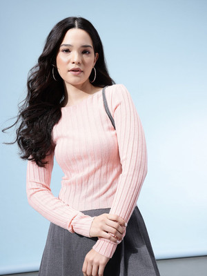 Glitchez Self Design Boat Neck Casual Women Pink Sweater