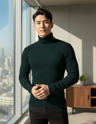 FREAKS Solid High Neck Casual Men Green Sweater