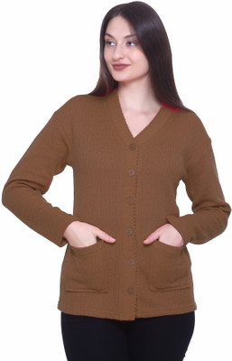 ENOV Self Design V Neck Casual Women Brown Sweater