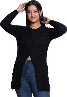 Varenyam Self Design Ruffle Neck Casual Women Black Sweater
