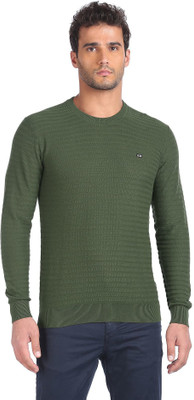 Arrow Sport Solid Round Neck Casual Men Green Sweater