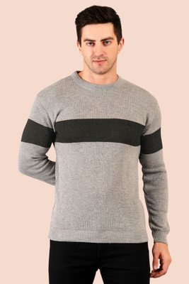 FUKUSO Striped Crew Neck Casual Men Grey Sweater