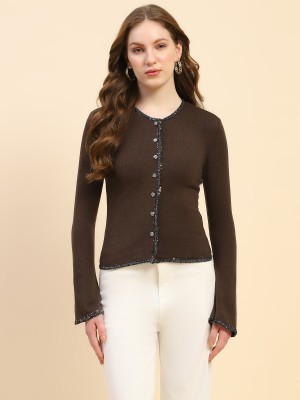 GLOBAL REPUBLIC Solid Round Neck Casual Women Brown Sweater