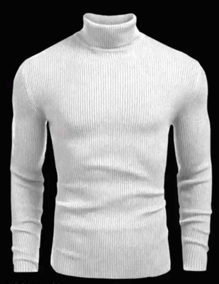DRVP Striped High Neck Casual Men White Sweater