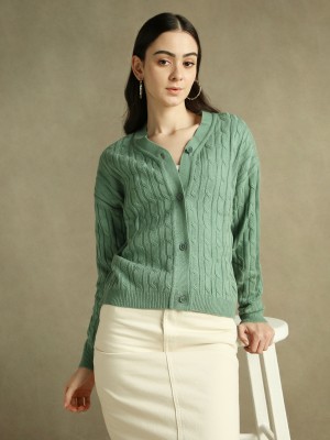 DL Woman Solid V Neck Casual Women Green Sweater