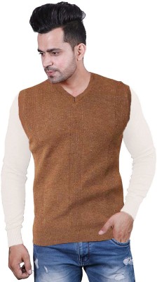 Shunit creation Solid V Neck Casual Men Brown Sweater