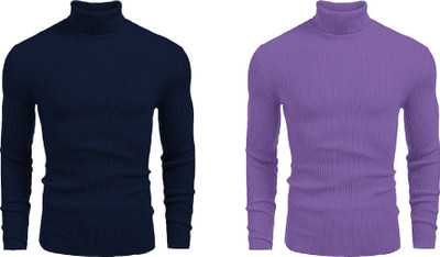 nikline Solid High Neck Casual Men Purple, Blue Sweater