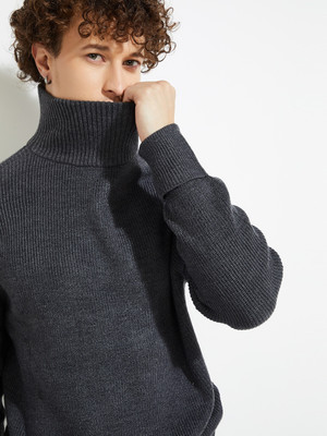 MAX Printed High Neck Casual Men Grey Sweater