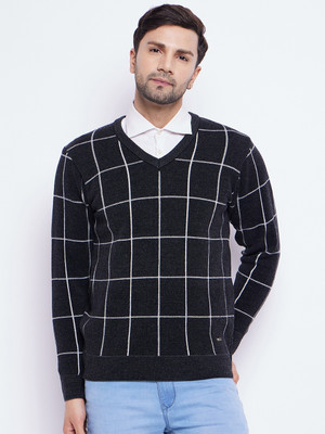 DUKE Checkered V Neck Casual Men Black Sweater