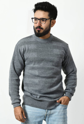 Life and style Self Design Round Neck Casual Men Grey Sweater