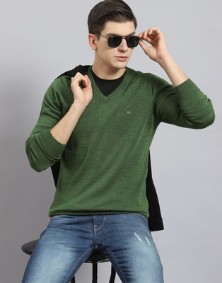 MONTE CARLO Solid V Neck Casual Men Green Sweater